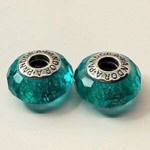 Pandora Teal Faceted Crackle Murano Glass Charms Set 2 S925 ALE Retired